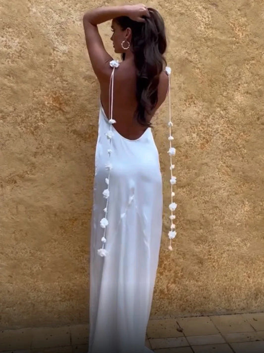 's Color Flower Tassel Backless Sleeveless Satin Maxi Long Bodycon Sling Dress