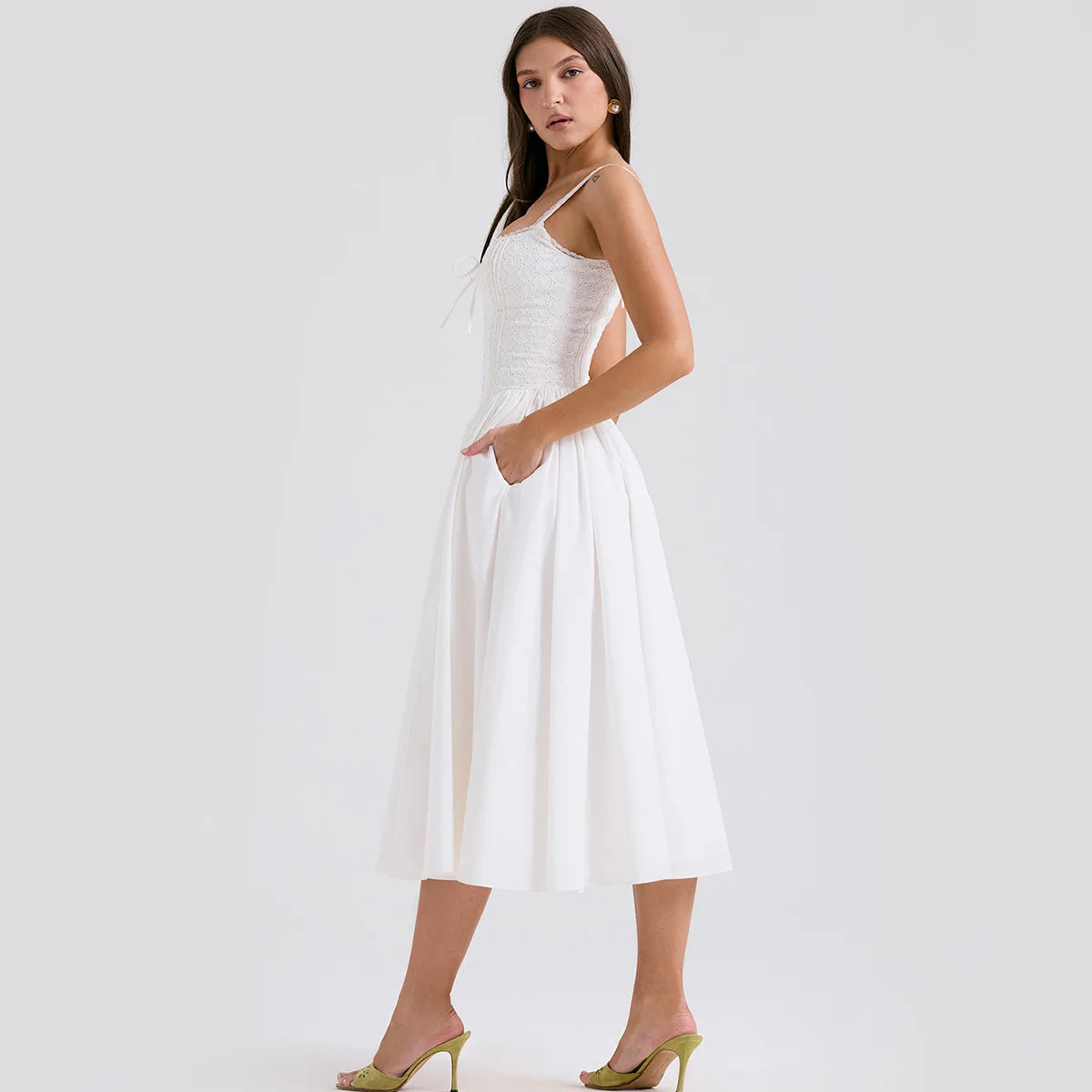White Lace Up Midi Dress