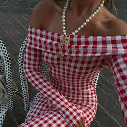 Red Plaid Off Shoulder Maxi Dress