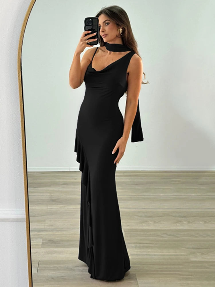 V Neck Long Dress Halter Neck Ruch Suspender Dress With Ribbon Dress High Slit Sleeveless