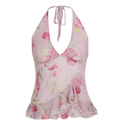 Pink Floral See Through Mesh Ruffled V-Neck Backless Top