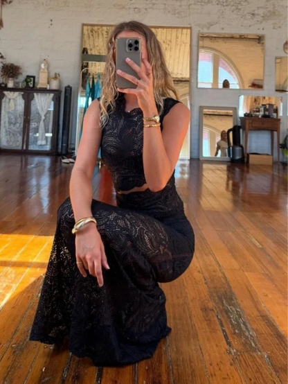 Black Lace See Through Top and Maxi Skirt Two Piece Set