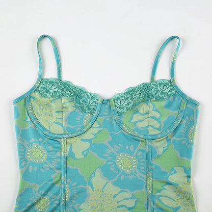 Floral Print Bustier Fairycore Top with Lace Patchwork