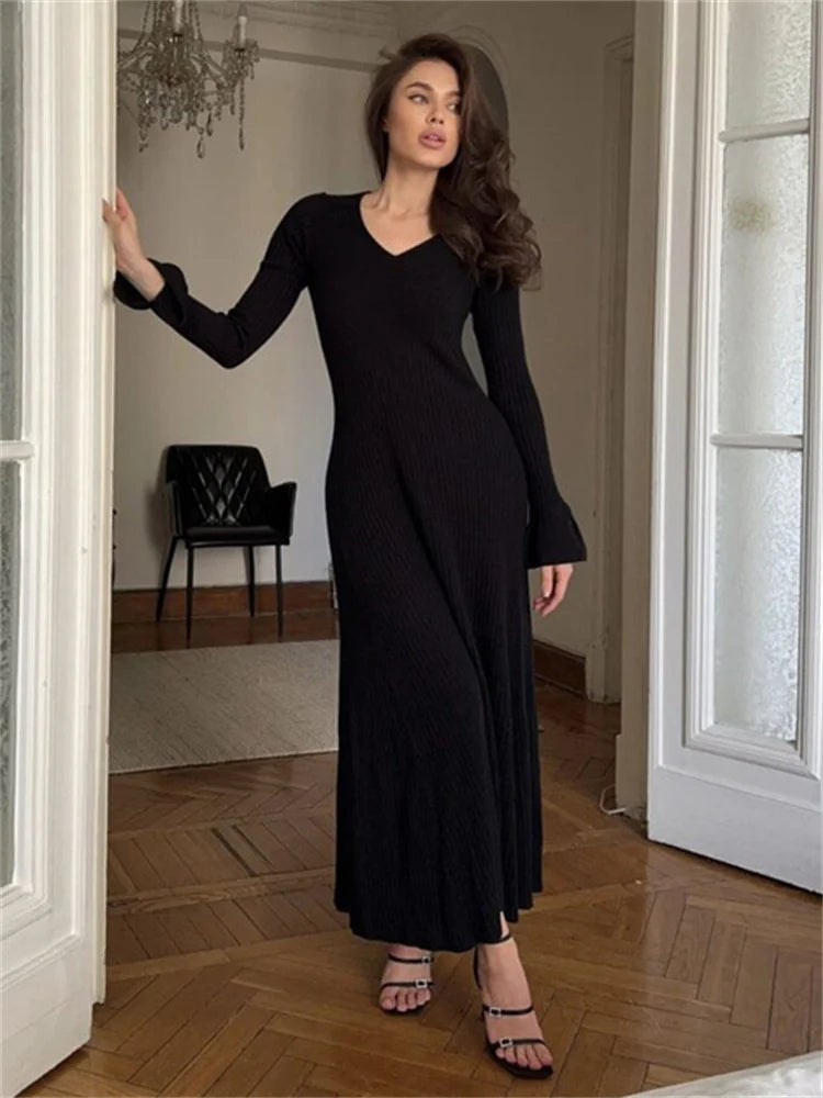 V-Neck Ribbed Knit Dress Patchwork Ruffled Slim High Waist Long Sleeve Bodycon Dress Knit Vintage Maxi Dress