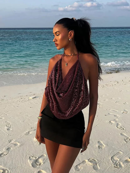 Claret Sequins Backless Swing Collar Top