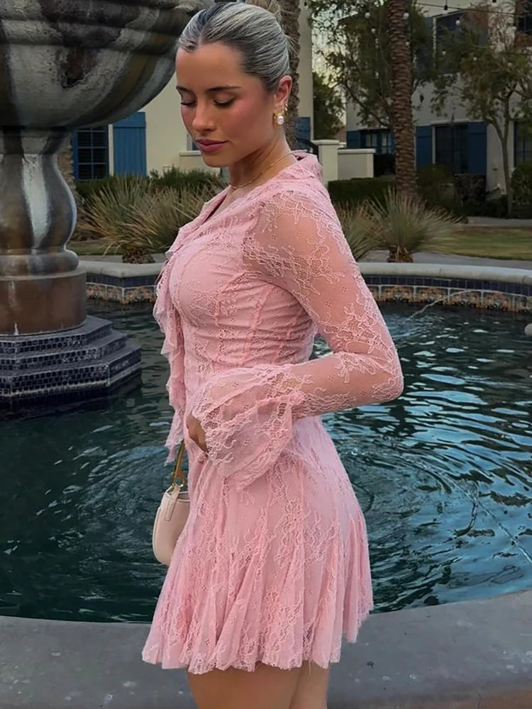 Pink Deep V-Neck Lace See Through Mini Dress