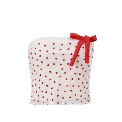 Red Strapless Polka Dot Lace Crop Top