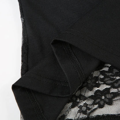 Lace Patchwork Slim Fit Crewneck Tee Black Top
