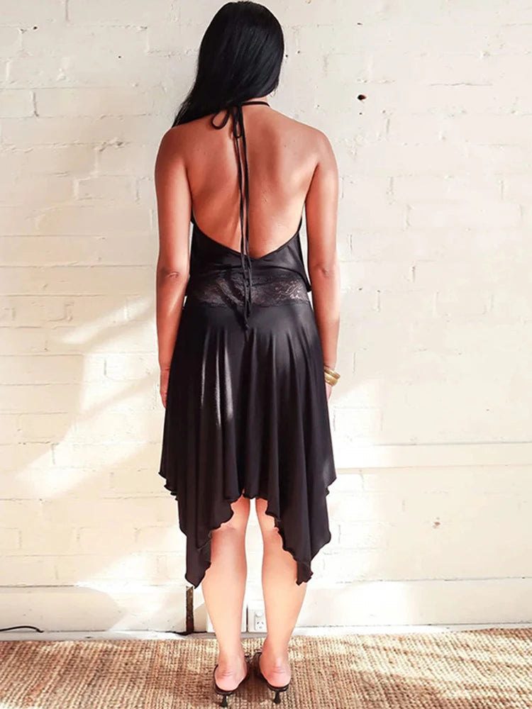 Patchwork Hollow Out Lace Halter Dress Black Backless High Waist Dress