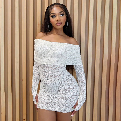 Off Shoulder Slah Neck Long Sleeve Hollow Out Wrap Dress WHITE