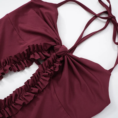 Wine Patchwork High Slit Maxi Dress