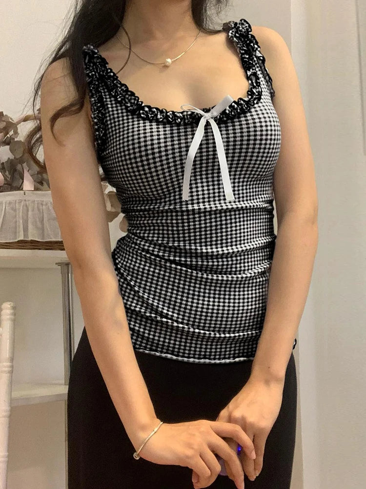 Plaid Bow Ruffles Top