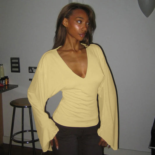 Yellow V-Neck Flared Loose Long Sleeve Slim Top