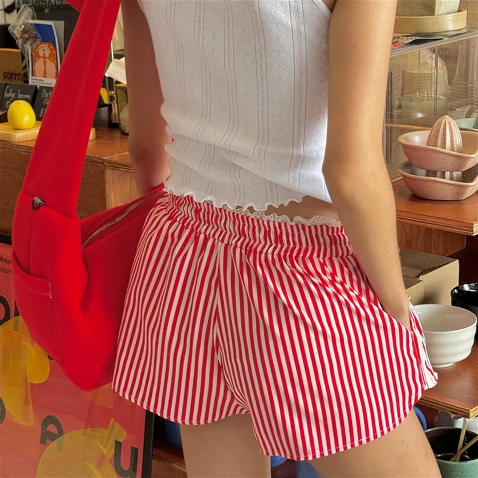 Striped Lace Elastic Waist Shorts