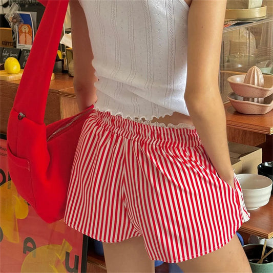 Striped Lace Elastic Waist Shorts