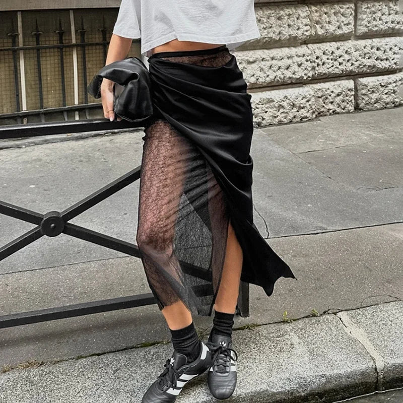 Black Lace Splice Skirt See Through High Waist Skirt Mid-Length Skirts