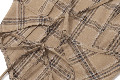 Khaki Plaid Backless Sleeveless Top And Ruffle Shorts Two Piece Set