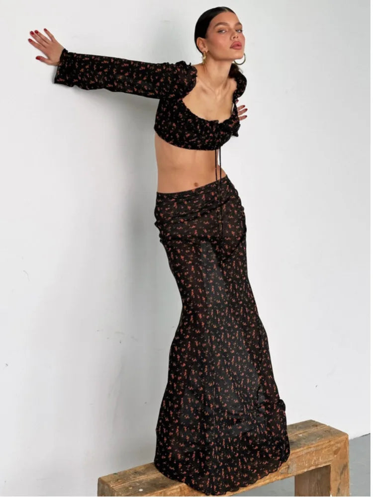 Floral Top and Maxi Skirt Two Piece Set