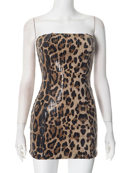 Strapless Leopard Sequin Dress - Khaki Backless High Waist