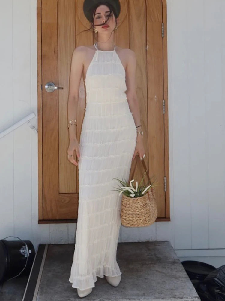 Backless See Through Halter Maxi Dress Sleeveless High Waist Dress Loose