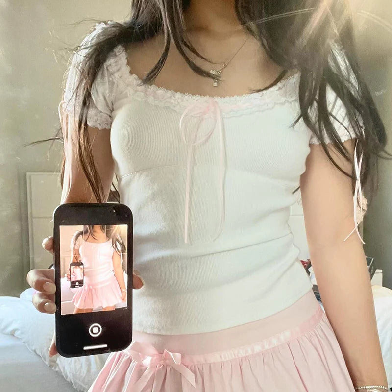 Crewneck Tee Shirts Lace Patchwork 's Short Sleeve Top