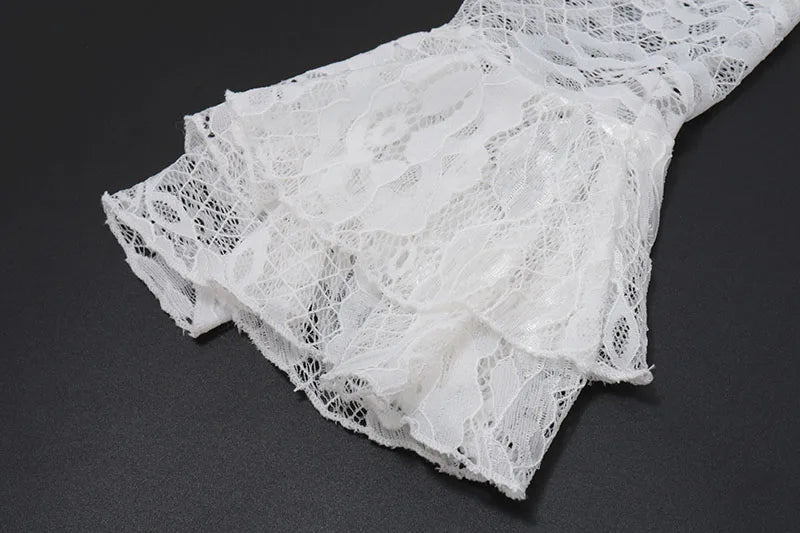 White Lace Ruffle Chiffon V-Neck Slit Long Dress