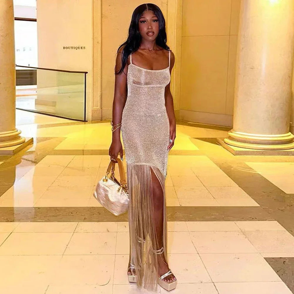 Shiny Tassel Bodycon Maxi Dress Backless Sleeveless Gown Long Dress