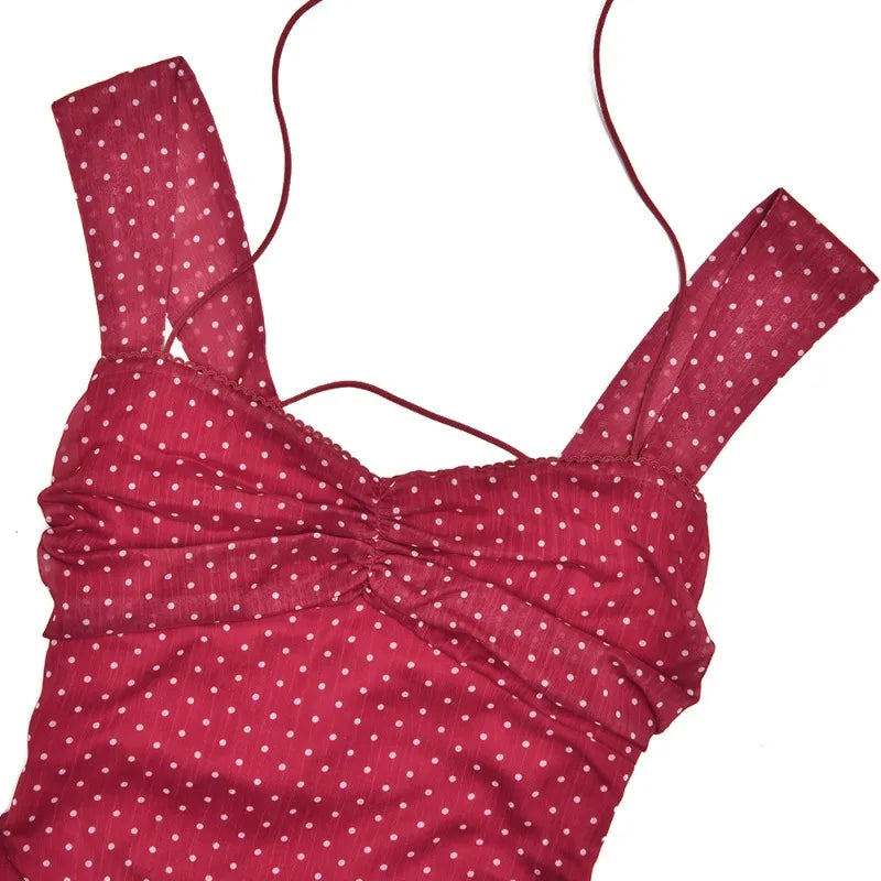 Red Polka Dot Chiffon Backless Mini Dress