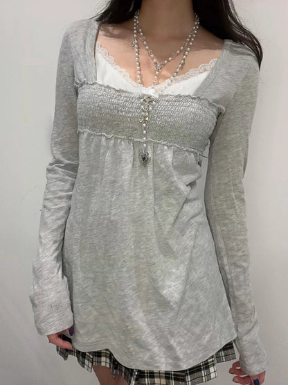 Lace Patchwork Square Collar Long Sleeve T-Shirt
