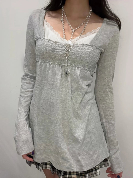 Lace Patchwork Square Collar T-Shirts Long Sleeved Top