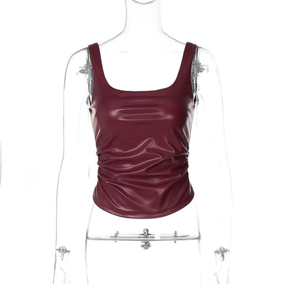 Wine R PU Leather Square Collar Vest Top