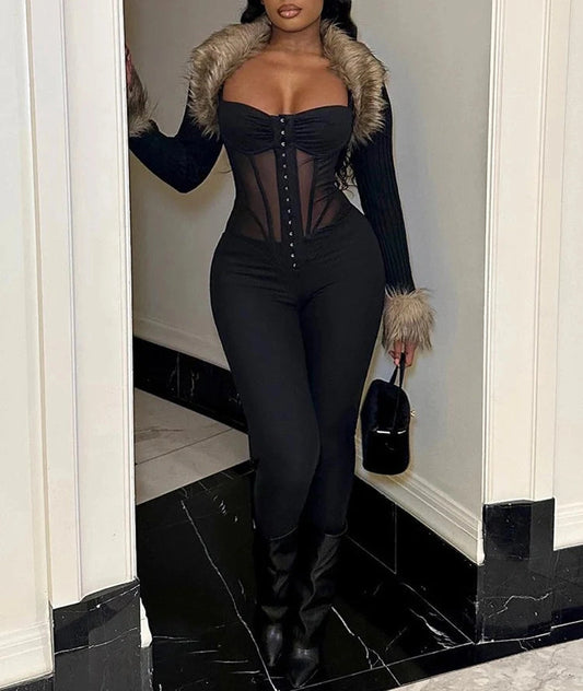 Mesh Patchwork Jumpsuits Spaghetti Strap Body-shaping Transpency Overalls One Piece