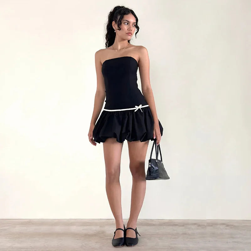 Contrast Strapless Dress Bows Splice Mini Folds Dress Ins Bud Dress