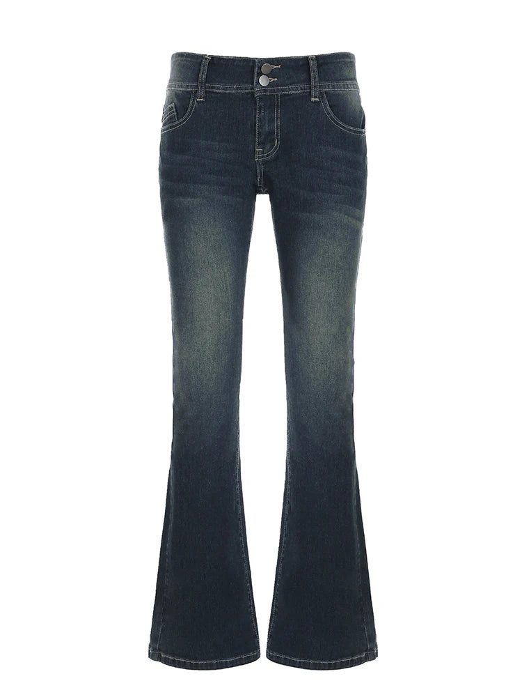 Low Waisted Washed Flared Jeans Button Pants Slim Pockets Bottoms