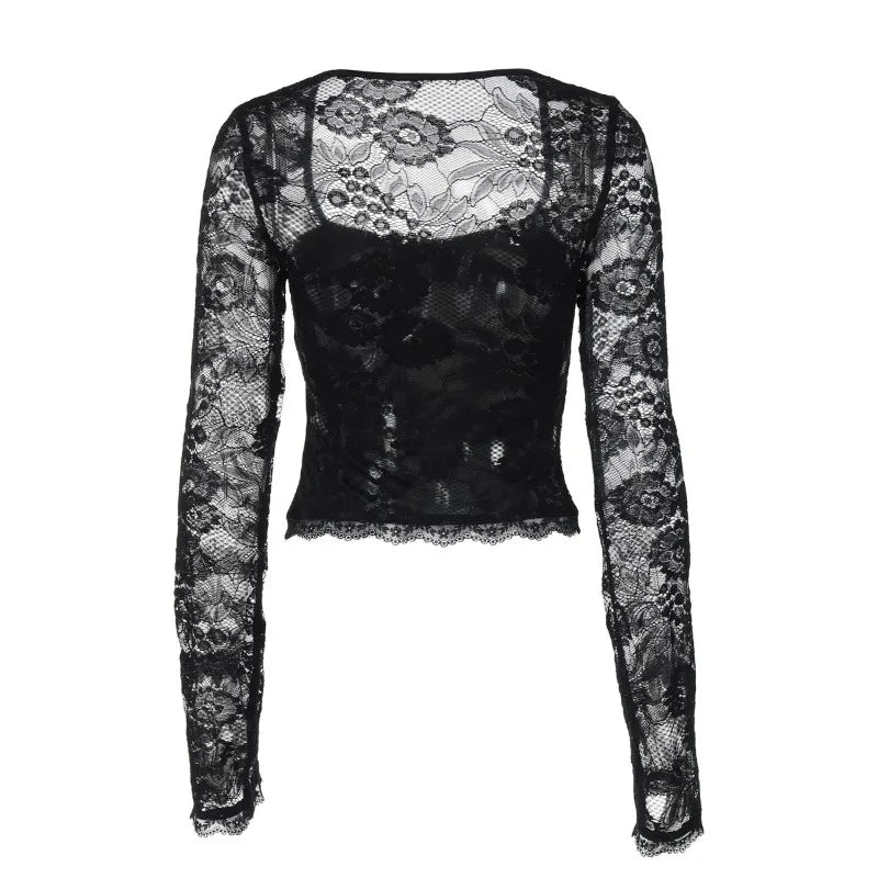 See Through Lace Square Neck Long Sleeve Top