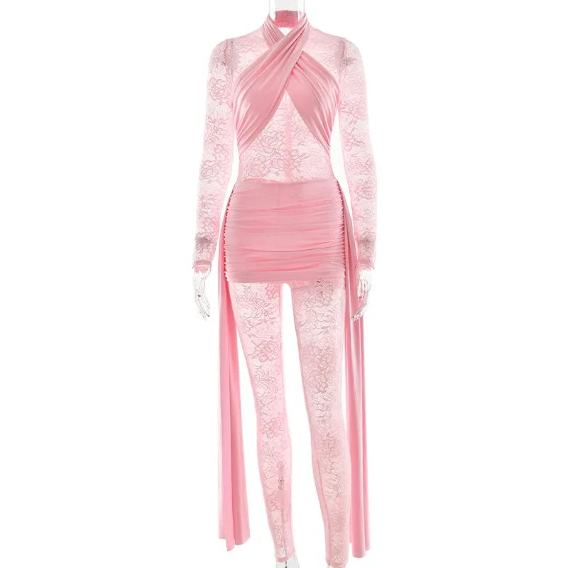 One Piece Long Sleeve See Through Lace Mesh Jumpsuit
