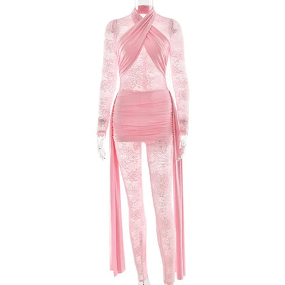 One Piece Long Sleeve See Through Lace Mesh Jumpsuit