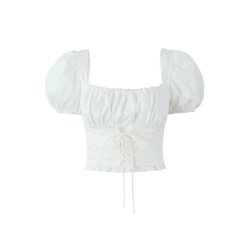 White Cotton Lace Up Top