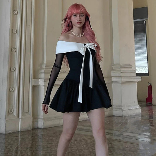 Black Off Shoulder Long Sleeve A-Line Mini Dress