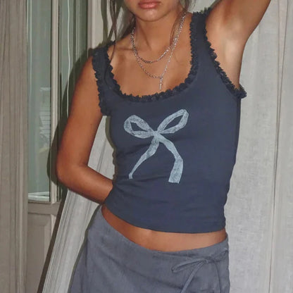 Bow Print Sweet Camisole with Lacework and Square Collar
