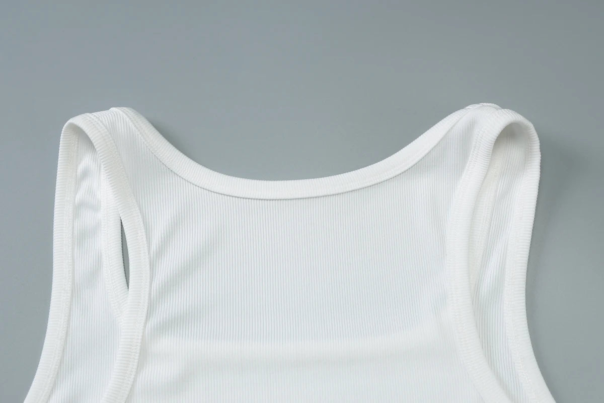 White Square Collar Sleeveless Bodycon Sparkly Crystal Rhinestone Top