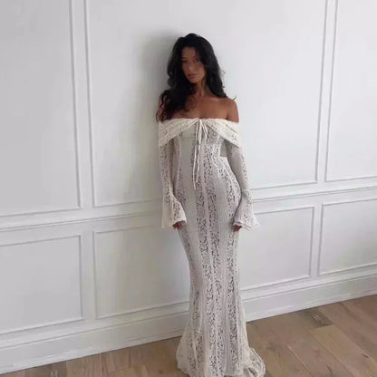Elegant White Off The Shoulder Bodycon Maxi Dress with Flare Sleeves