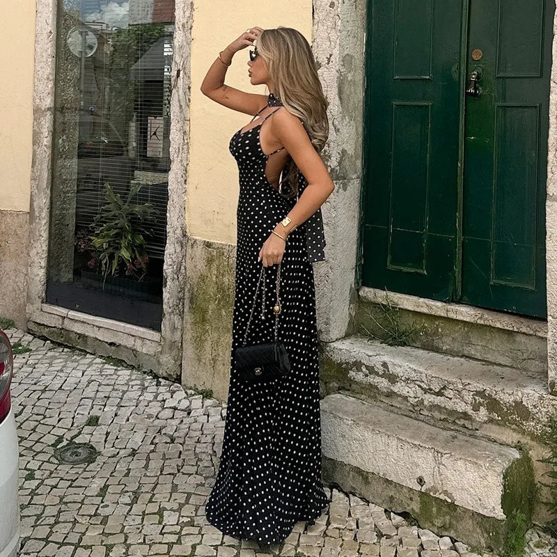 Black Polka Dot V-Neck Backless Maxi Dress