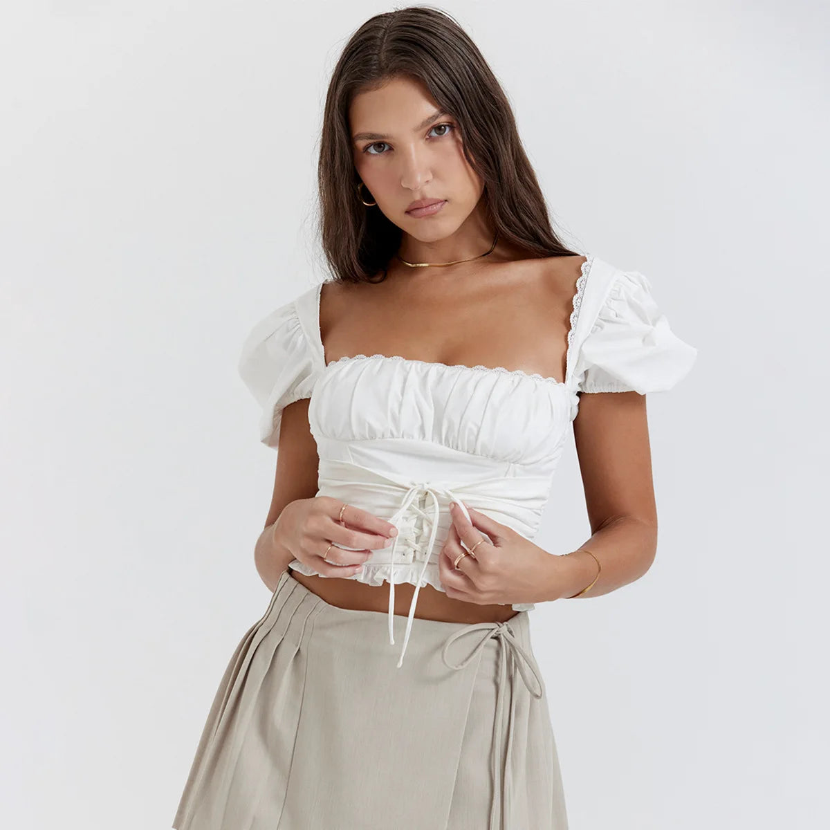 White Cotton Lace Up Top
