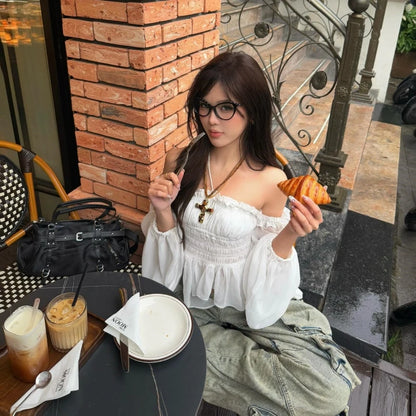 White Off Shoulder Long Sleeve Crop Top