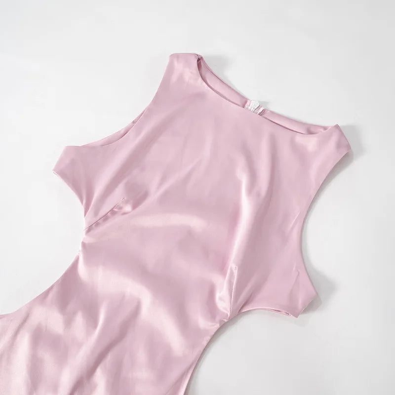 Pink Satin Hollow Out Bow Mini Dress