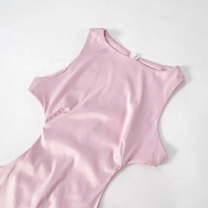 Pink Satin Hollow Out Bow Mini Dress
