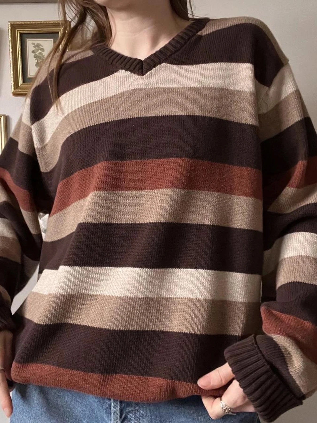 Retro V-neck Striped Sweaters Loose Pullovers Top