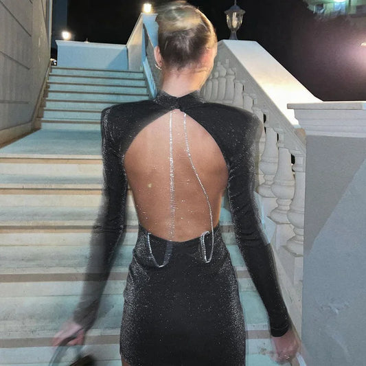 Black Backless Glitter Long Sleeve Mini Dress