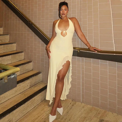Yellow Mesh Ruffled Halter V-Neck Slit Maxi Dress
